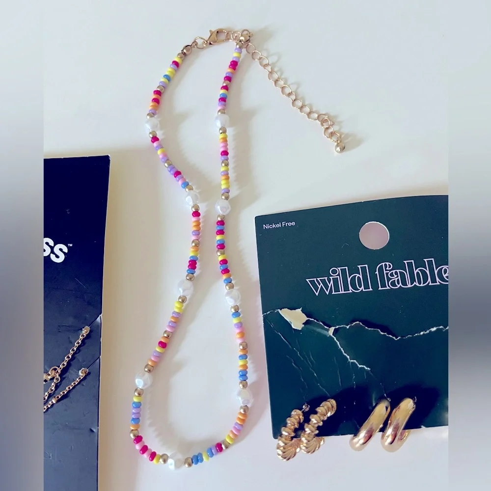 Art Class And Wild Fable Necklaces Hoop‎ Earrings Bundle Gold Tone Colorful